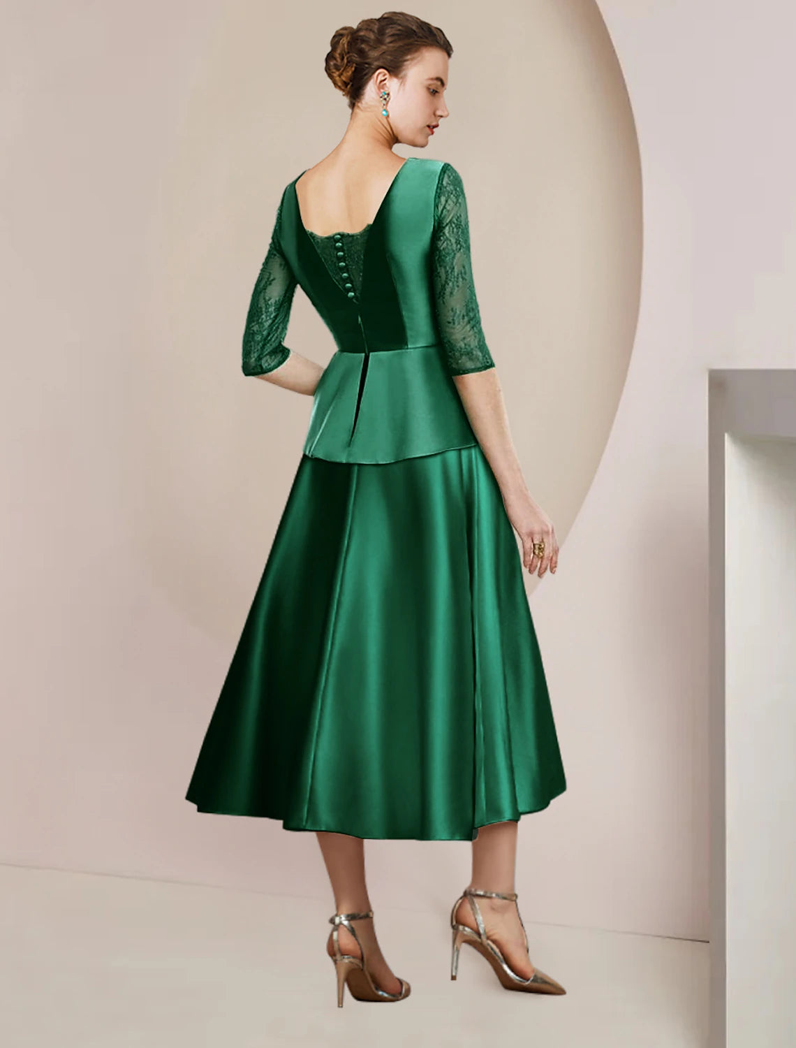 Wholesale  A-Line Mother of the Bride Dress Wedding Guest Party Elegant Scoop Neck Tea Length Satin Lace Half Sleeve with Bow(s) Ruching